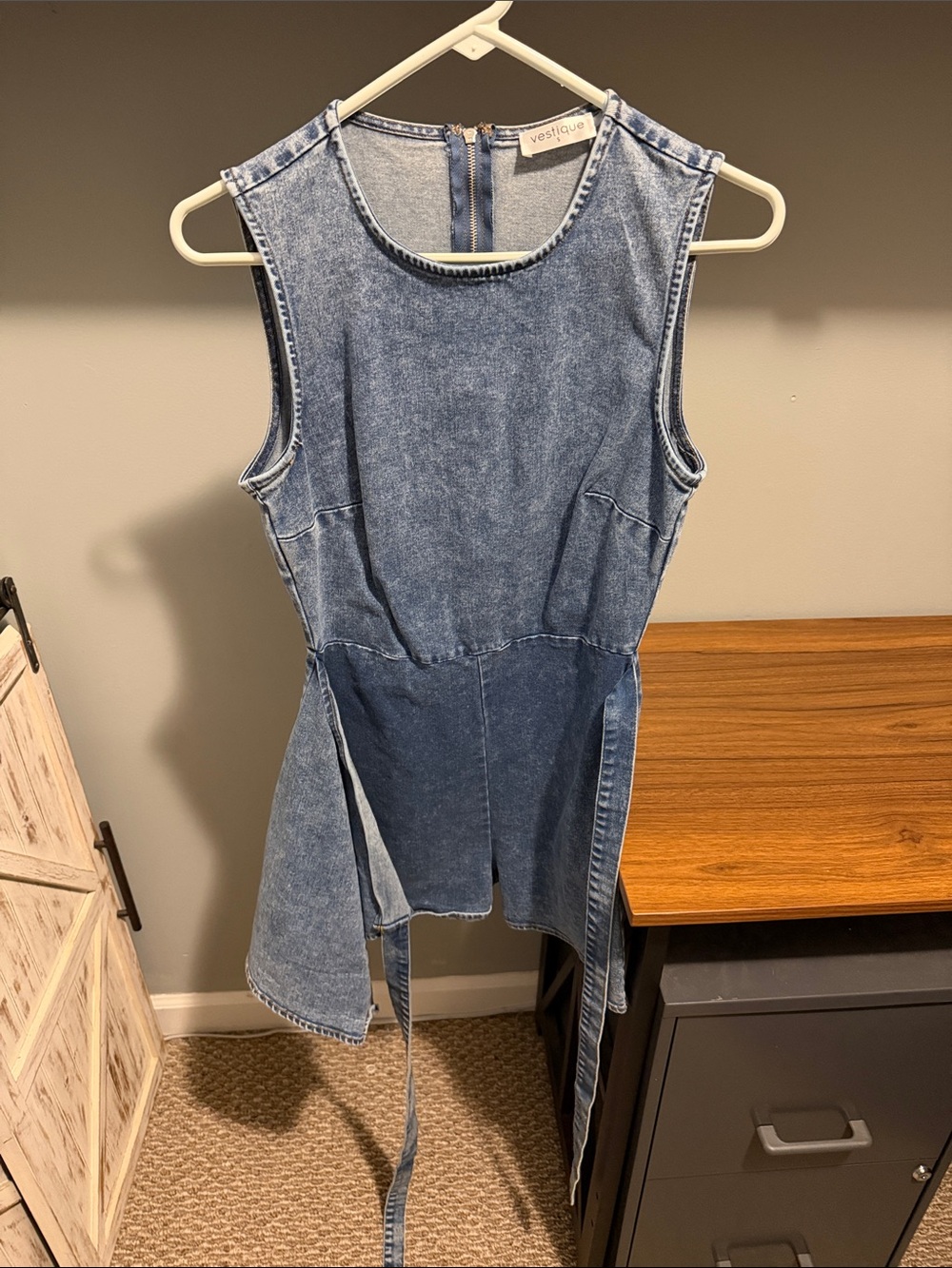 vestique Girls' Sleeveless Washed Blue Denim Dress SKORT with Tie